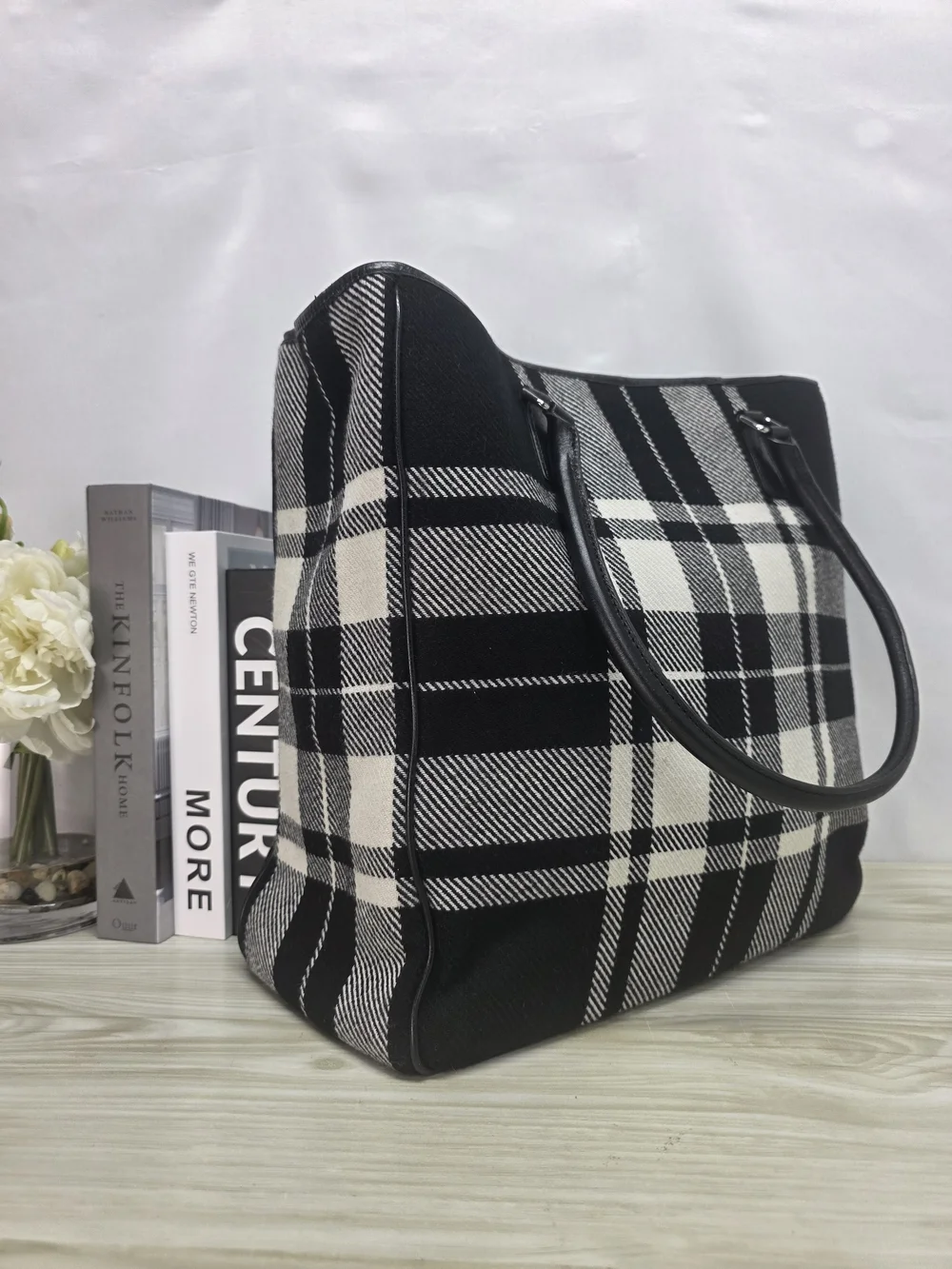 Banana Republic Black and White Plaid Structured Tote
